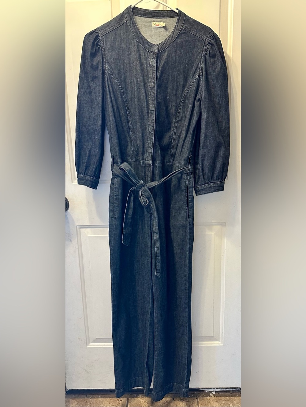 Faherty Charlotte Denim Long Sleeve Dark Wash Puff Sleeve Belted Jumpsuit